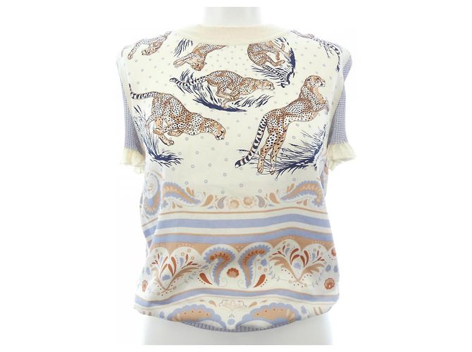 Hermès Hermes GUEPARDS ET PALMETTES Silk Knit Marrone Blu Beige