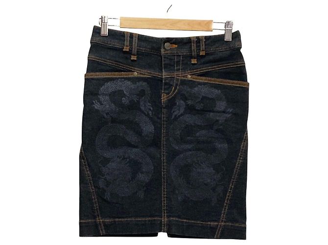 Autre Marque VIVIENNE TAM Denimrock mit Drachenprint Schwarz