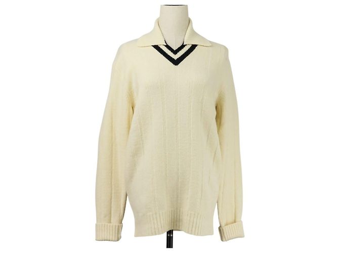 Hermès Wollstrickpullover Weiß Marineblau
