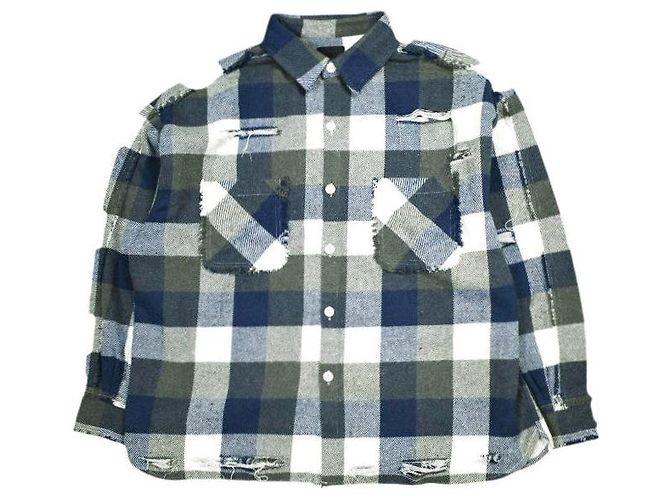 Autre Marque Danke Schon FLANNEL DAMAGE SHIRTS BLOCK Hemd aus Polyester Baumwolle Viskose Blau