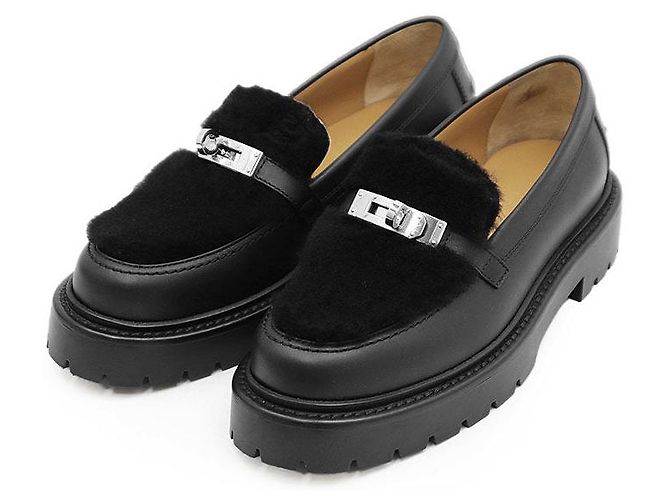 Mocassin Hermès Boucle Kelly Mouton Boa 36½ en cuir Noir