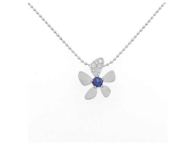 Autre Marque Collana Pt900 Pt850 Zaffiro e Diamante Fiore Argento
