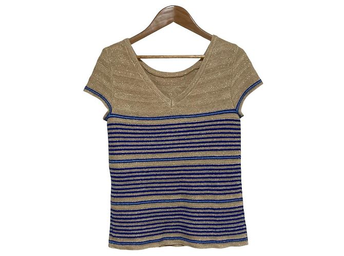 Malha Lame com Riscas Chanel Coco Mark Azul Bege