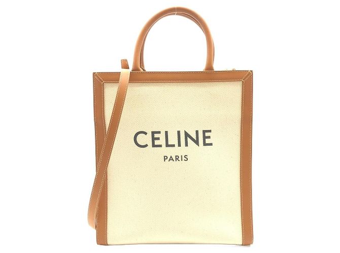 Céline Celine Small Vertical Celine Cabas Bolsa em lona de algodão e couro de bezerro Bege
