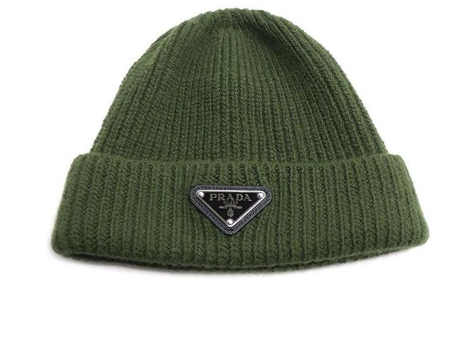 Prada Strickmütze aus Wolle und Kaschmir mit Triangle-Logo Grün
