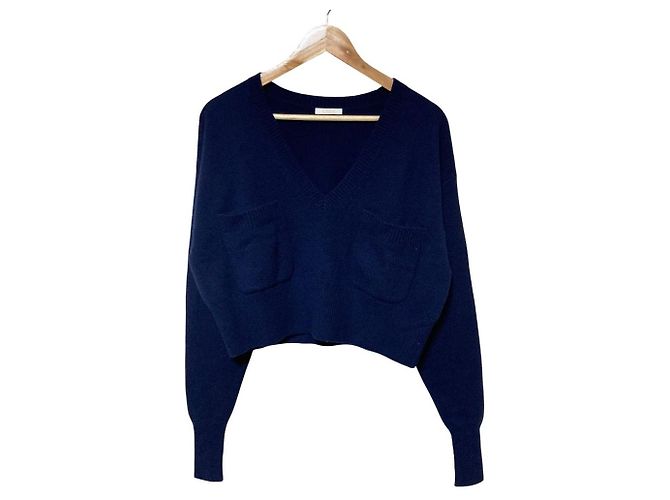 Chloé Chloe V-Ausschnitt Kaschmir Cropped Pullover Blau Marineblau