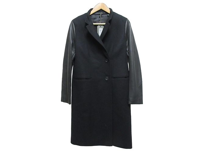 All Saints SIDNEY LEA Wool Cashmere Leather Coat Black