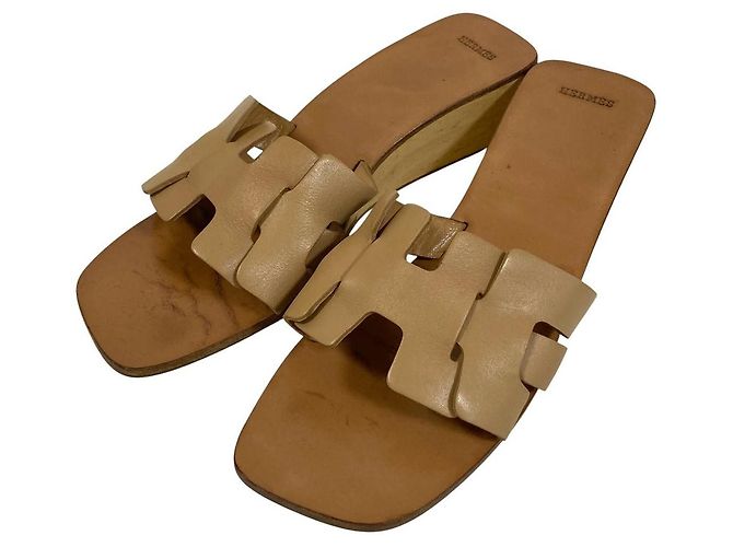 Sandales compensées en bois Hermès motif H 36 Beige