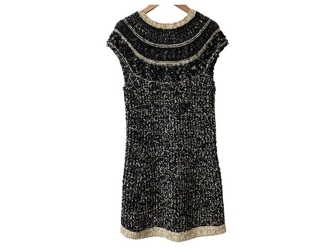 Chanel Icon Button Tweed Strickkleid Schwarz Weiß Beige Golden