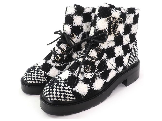 Chanel COCO Mark Sequined Plaid Pattern Tweed Ankle Boots Black