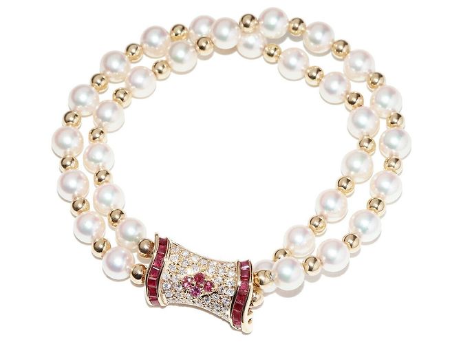 Autre Marque Pulseira de Pérolas Akoya, Rubis e Diamantes Au750 Dourado