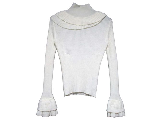 Autre Marque cygne Strickpullover mit Stehkragen und Rüschen Weiß Aus weiß