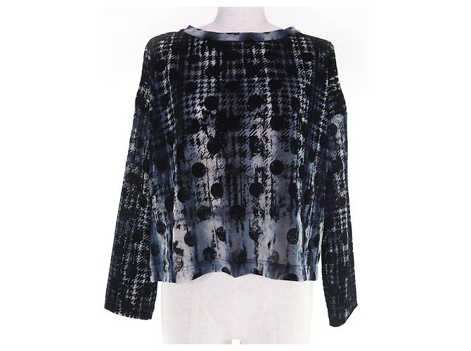 Autre Marque Y's Flocked Print Polyester Rayon T-shirt Blue