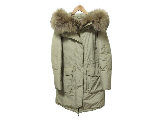 Autre Marque Casaco de Penas com Pele de Guaxinim Woolrich Bege