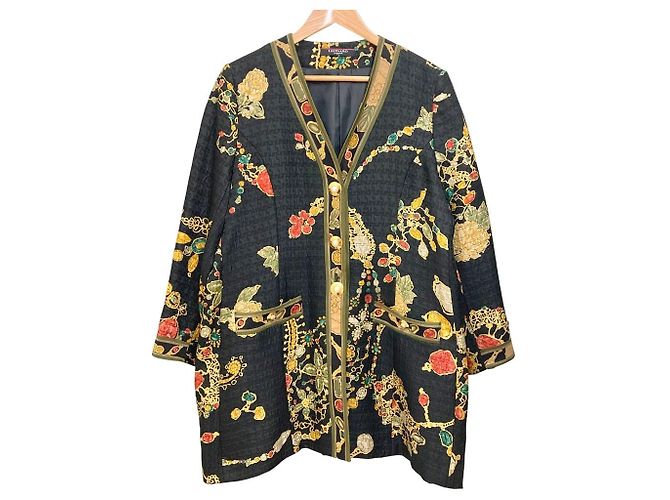 Autre Marque LEONARD FASHION Flower Jewelry Print Collarless Coat Black