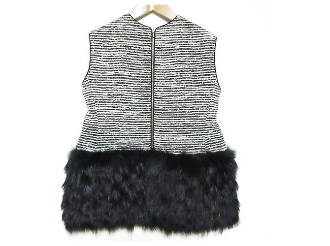 Autre Marque Colete de riscas em tweed e pele de raposa Drawer Branco