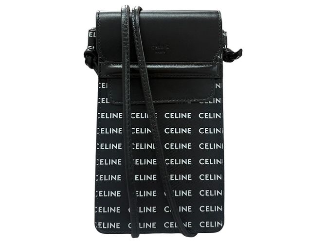 Céline Bolsa de ombro para telemóvel em couro com estampado de logo Celine Preto Branco