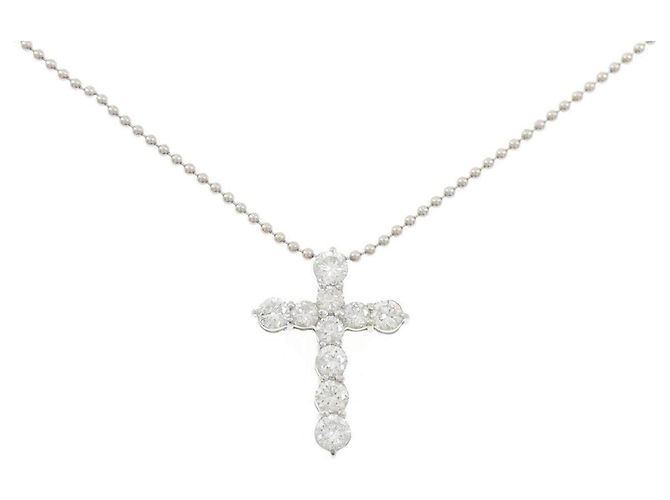 Autre Marque Pt900/Pt850 Cross Diamond Necklace Silvery