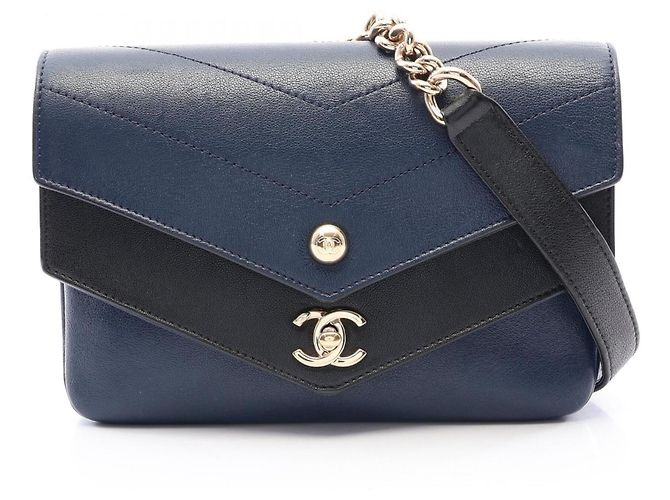 Borsa a spalla Chanel Chevron V-Stitch Nero Blu navy