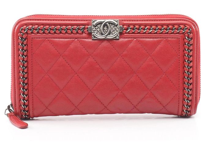 Chanel Boy Antique Silver Hardware Round Long Wallet Red