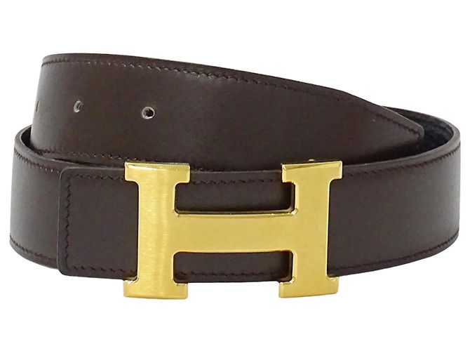 Hermès Hermes HERMES Men's Reversible Leather Belt Black Dark brown