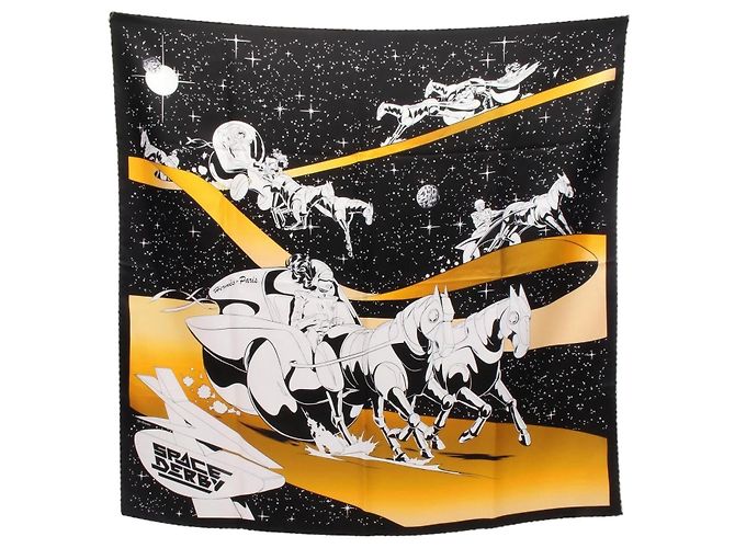 Hermès Lenço Hermes Carre 90 Space Derby Marrom Preto Multicor
