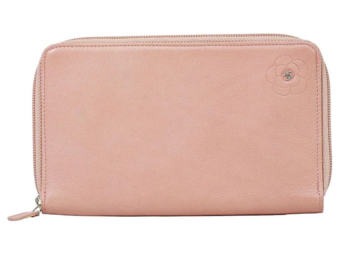 Chanel Camellia Zip Around Organizer Leather Long Pink
