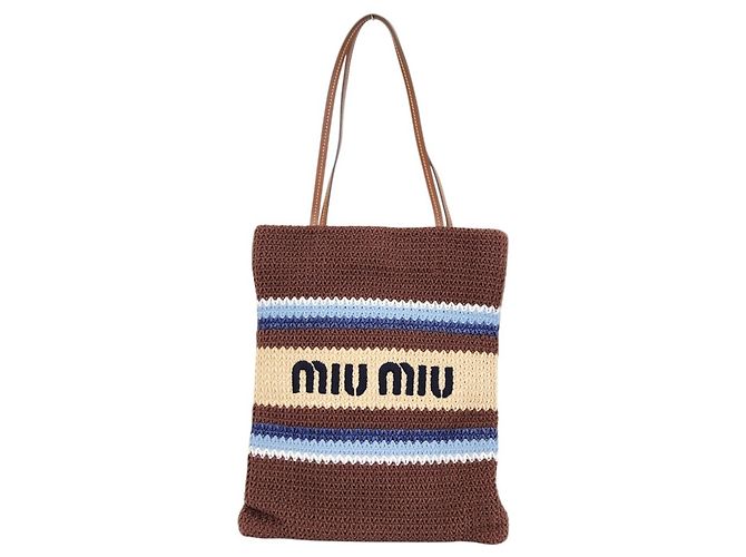 Miu Miu MIU Raffia Effect Woven Tote Bag Brown Blue Beige