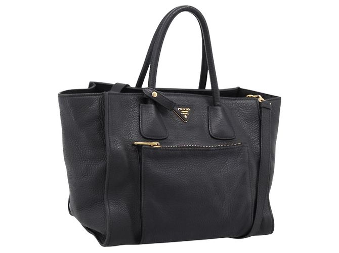 Bolsa de mão PRADA em couro 2way Preta Dourada Auth ep16198V Preto Dourado
