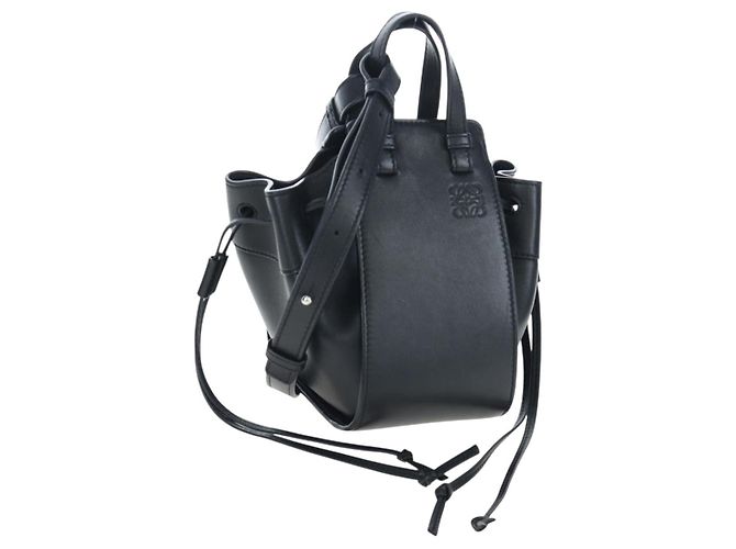 Bolsa de Ombro LOEWE Hammock Mini em Couro 2way Preta Prata Auth 204615M Preto