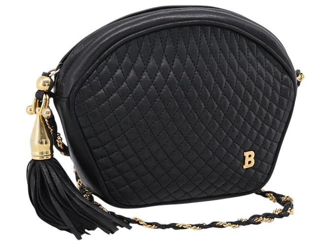 Bally Chain Shoulder Bag Leather Black Gold Tone Auth BA16147