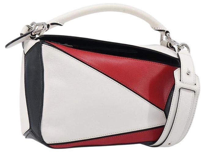 LOEWE Puzzle Bag Medium Handtasche Leder 2way Rot Silber Auth LN127M