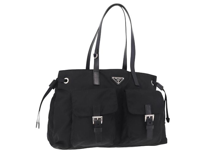 Bolso Tote PRADA Nylon Black Silver Auth 206115V Negro Plata