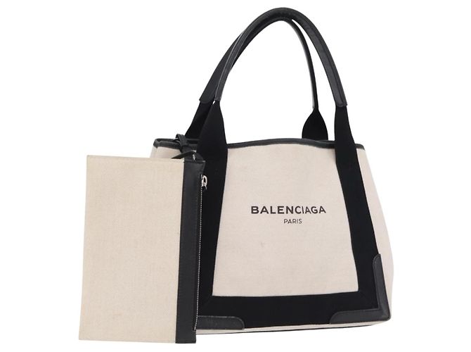 Borsa BALENCIAGA Navy Cabas S Canvas White Black 339933 Auth 204200 Nero Bianco