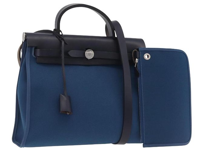 Hermès HERMES Herbag Zip PM Handtasche Canvas Leder 2way Navy Silver Auth 202516SAM Silber Marineblau