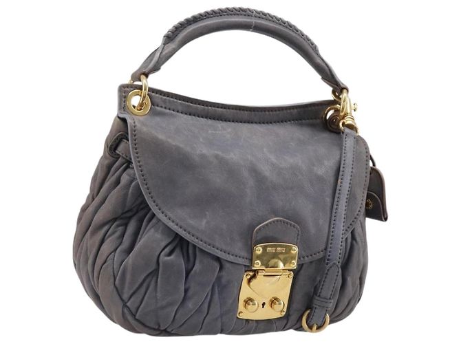 Bolsa de mão Miu Miu em couro 2way cinza tom dourado Auth 167602V Marrom