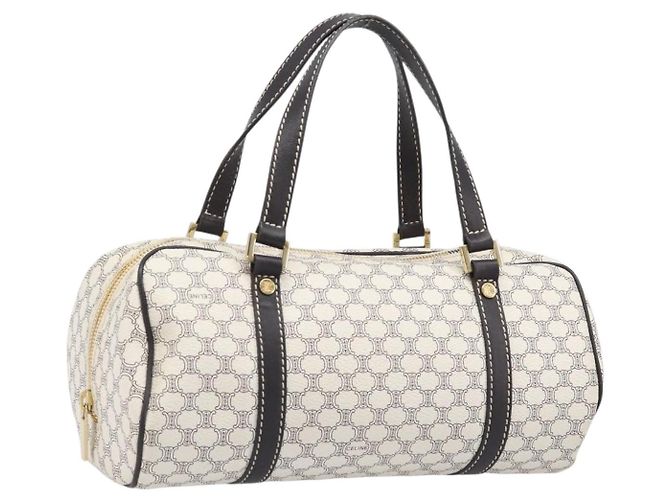 Céline Bolso Boston CELINE Macadam Canvas PVC Leather White Gold Auth 206111V Blanco Dorado
