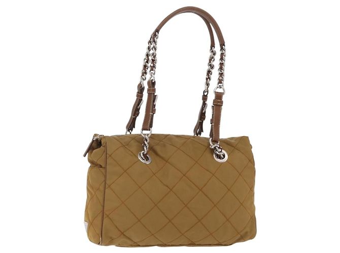 PRADA Chain Tote Bag Nylon Brown Silver Auth 206291 Braun Silber