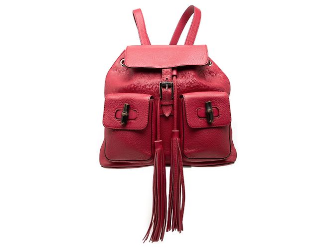 Bamboo Mochila Gucci Large em pele de vitelo vermelha com borla de bambu e cordão de ajuste Vermelho