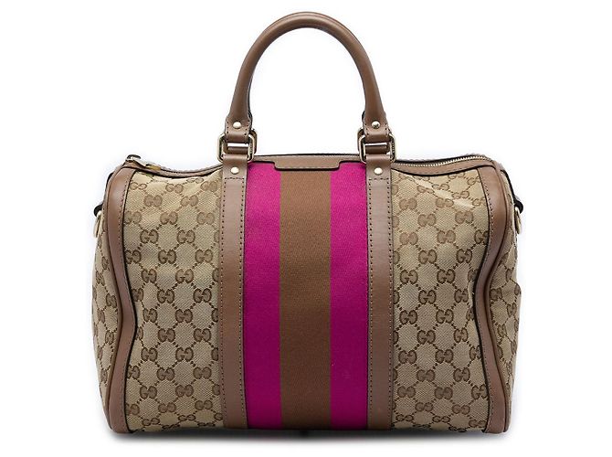 Bolsa Boston Satchel Gucci Medium GG Canvas Web Joy Bege