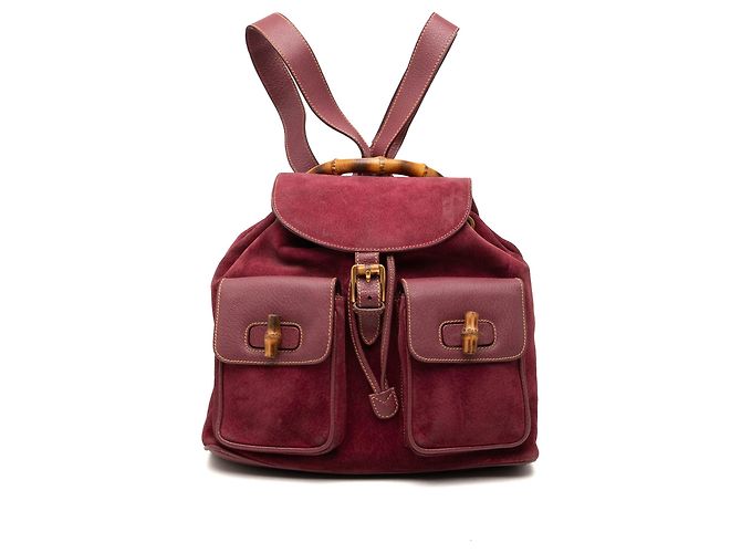 Red Gucci Large Suede Bamboo Drawstring Backpack