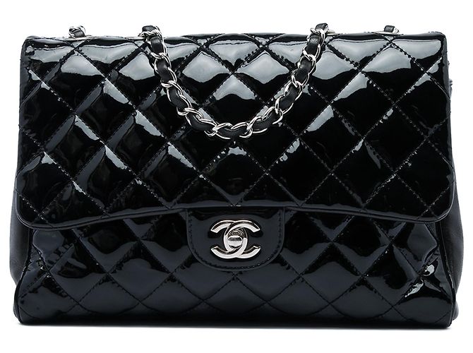 Borsa a tracolla Chanel Large CC trapuntata in vernice nera con doppio scomparto e patta Nero