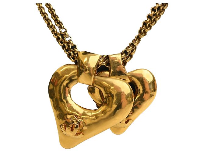 Collier pendentif double cœur plaqué or Chanel CC doré