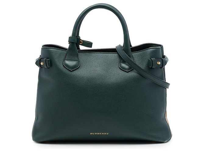 Borsa Satchel Banner Burberry Medium in pelle e House Check verde