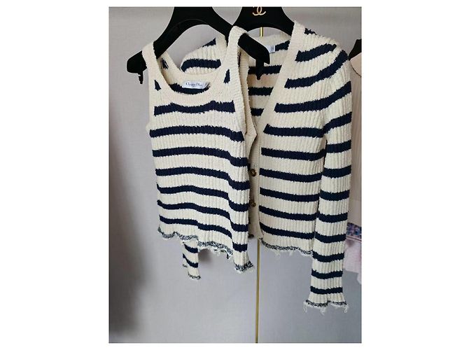 Autre Marque Conjunto Dior de malha de algodão às riscas colete e cardigan Multicor