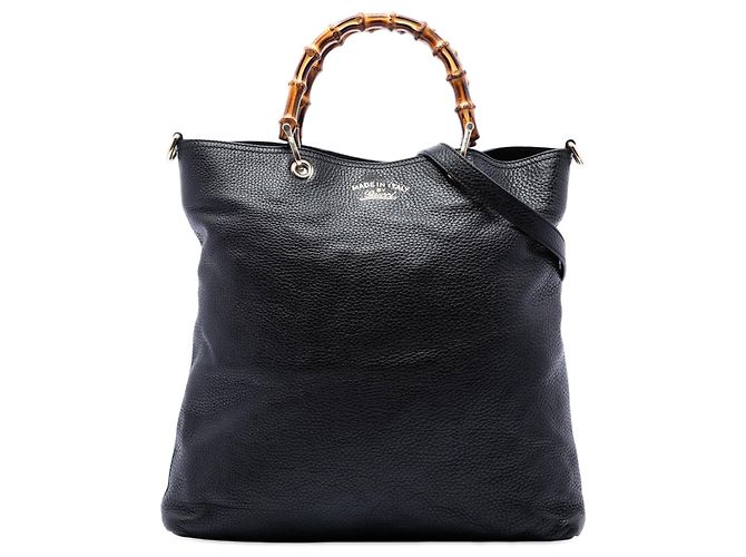 Bamboo Sacola Shopper Gucci Tall em couro de bezerro granulado preto com bambu