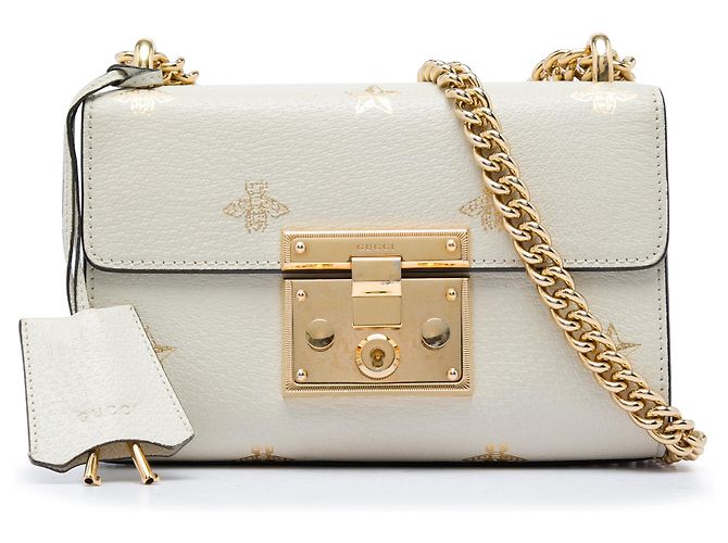 Borsa a tracolla Gucci Small Leather Bee Star Padlock bianca Bianco