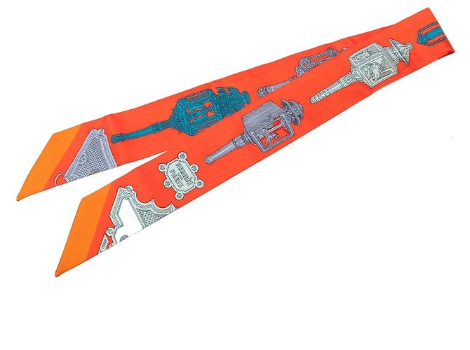 Lenço Twilly de seda Hermès Merveilleuses Lanternes Laranja