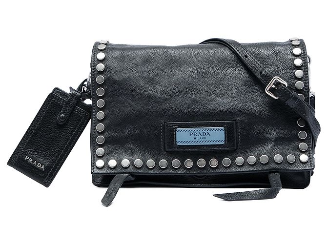 Borsa a tracolla Prada Glace Calf Studded Etiquette Nera Nero