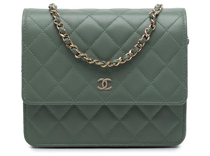 Borsa a tracolla Chanel CC Square Quilted Lambskin Wallet on Chain Verde